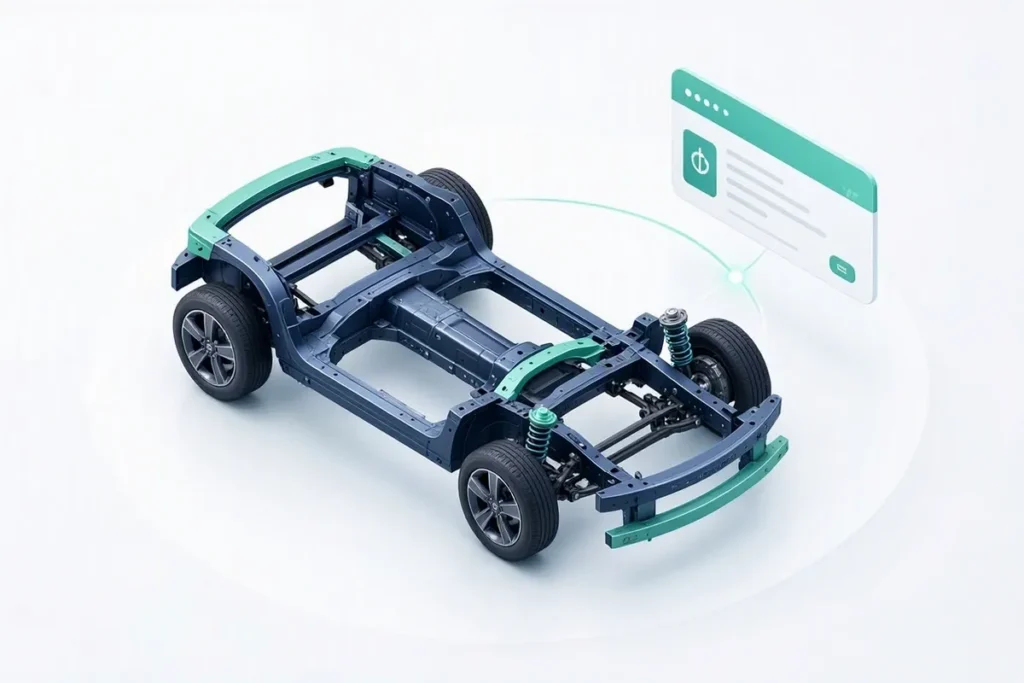 Chassis to RC Verification: a car chassis frame linked to a registration card by a glowing line
