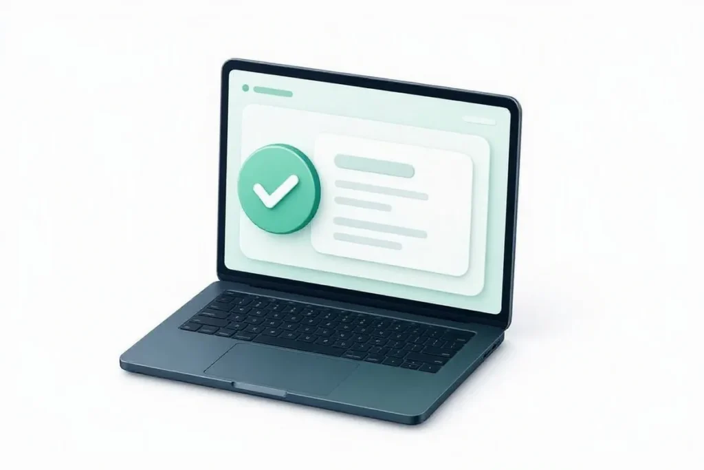 GST Verification API: a laptop showing a supplier record with a tax badge and a checkmark