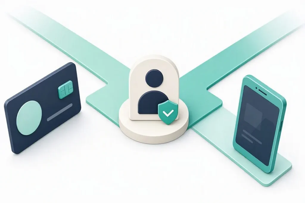 UAN Verification vs Mobile to UAN: two routes to an employee record: one starting from an ID card, one from a smartphone, both meeting at a verified profile