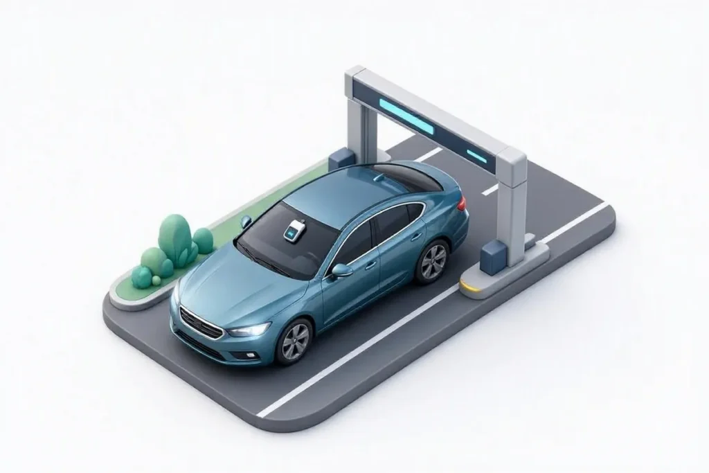 Fastag Verification API: a car with a toll tag being checked by a cloud API with a checkmark