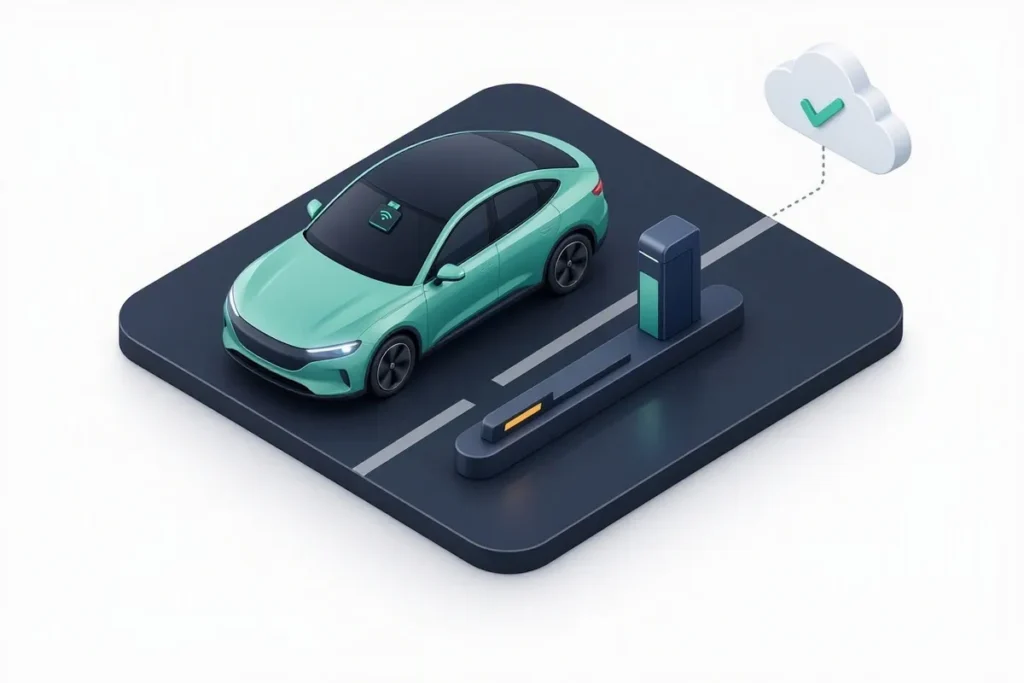 Fastag Verification API: a car with a toll tag being checked by a cloud API with a checkmark