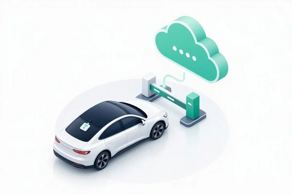 Fastag Verification API: a car with a toll tag being checked by a cloud API with a checkmark