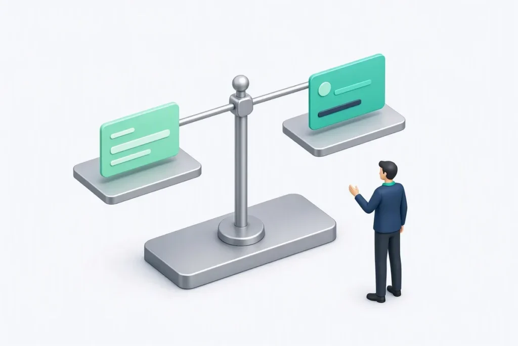 Veriqos Technologies vs Surepass: a balance scale weighing two abstract verification platform cards, with a person deciding