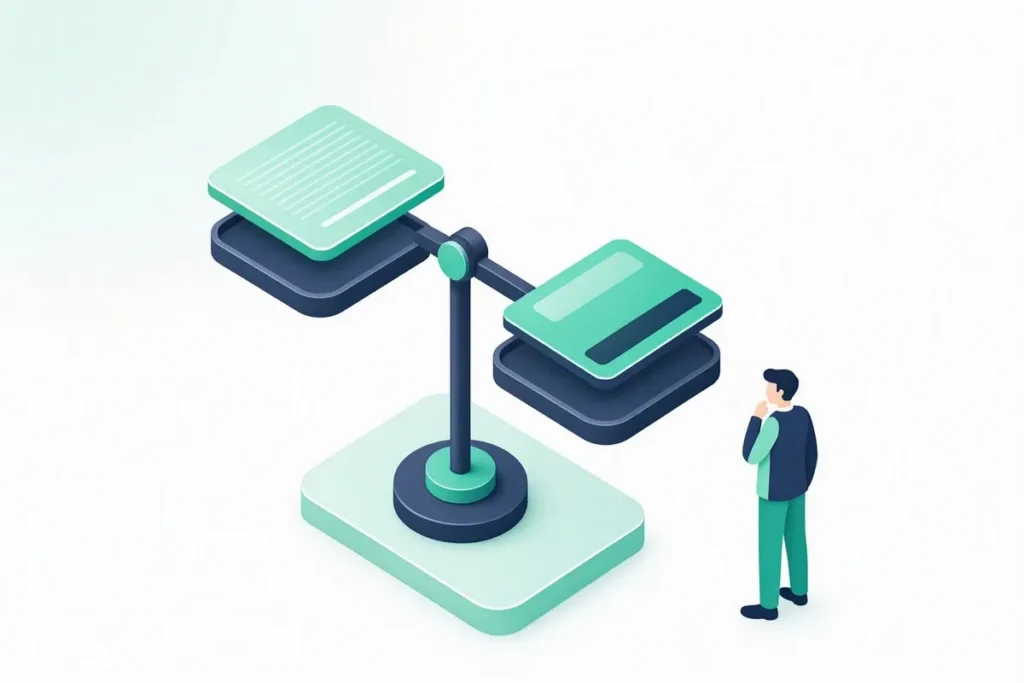 Veriqos Technologies vs Surepass: a balance scale weighing two abstract verification platform cards, with a person deciding