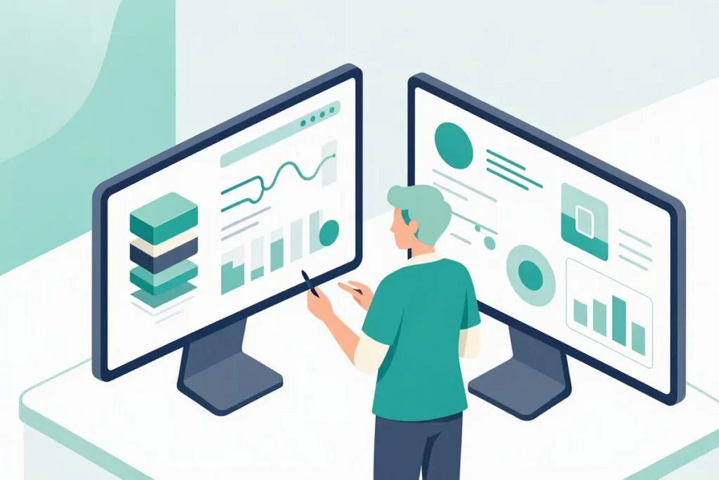 Veriqos Technologies vs Signzy: two abstract dashboards on side-by-side monitors being compared by a person