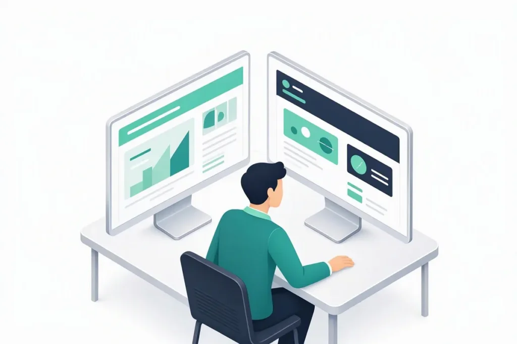 Veriqos Technologies vs Signzy: two abstract dashboards on side-by-side monitors being compared by a person