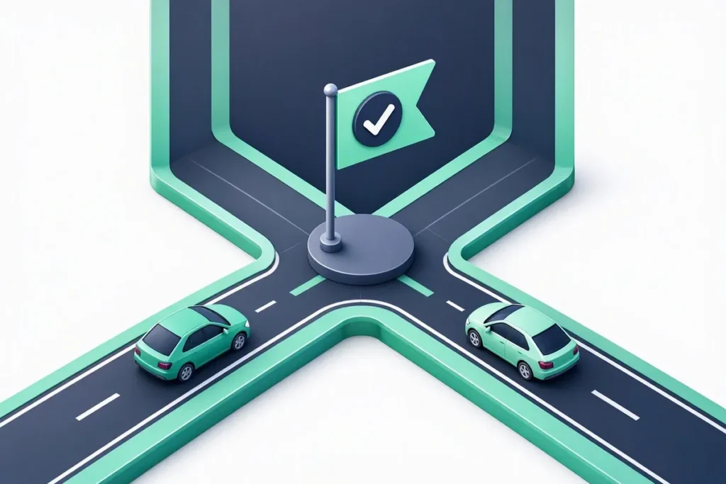 Veriqos Technologies vs Zoop: two roads converging on a verified target flag with a car on each road