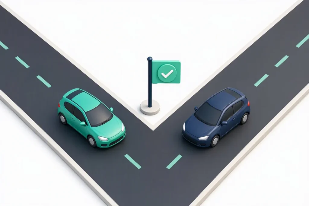 Veriqos Technologies vs Zoop: two roads converging on a verified target flag with a car on each road