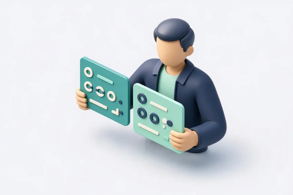 Veriqos Technologies vs Zoop: a person holding two abstract service cards with feature icons
