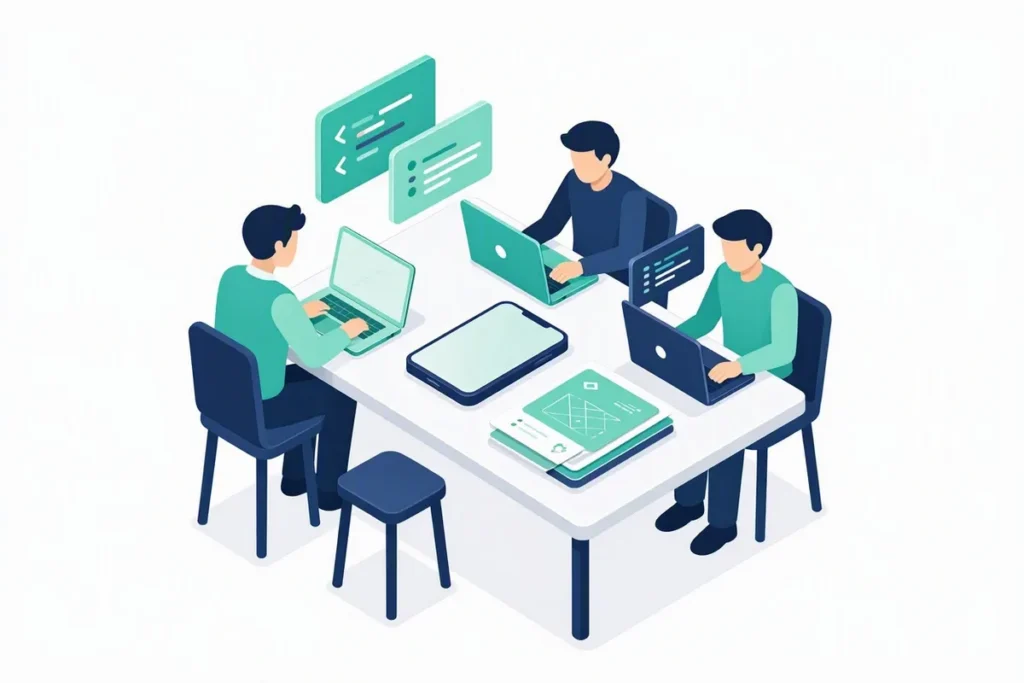 Fintech app development: a developer team building an app on laptops with code blocks and a phone mockup