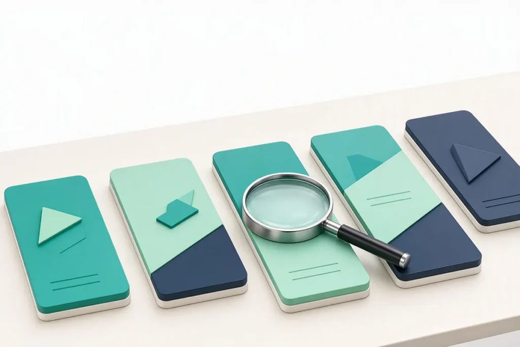 Top KYC Verification API Providers India: six abstract platform cards lined up on a table being compared with a magnifying glass
