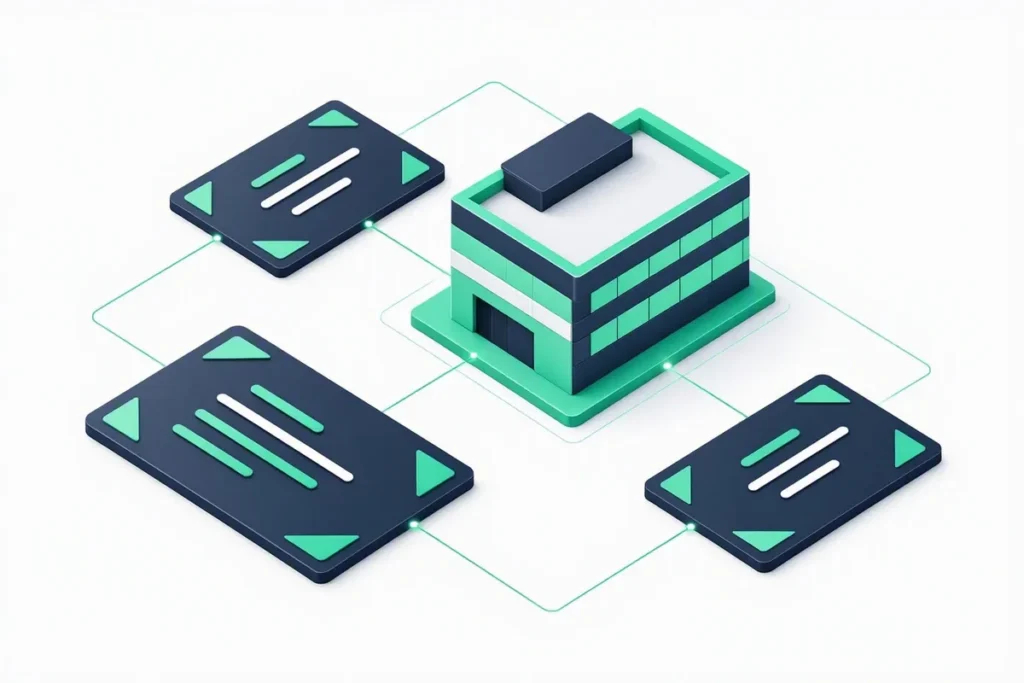Business Verification APIs: three abstract business certificate cards connected to a company building
