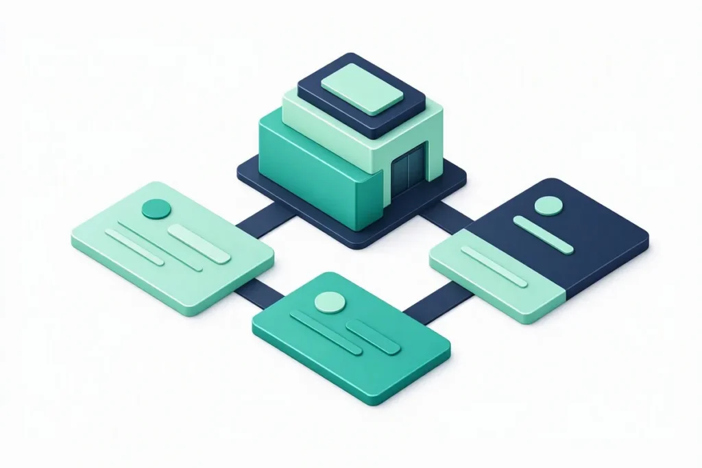 Business Verification APIs: three abstract business certificate cards connected to a company building