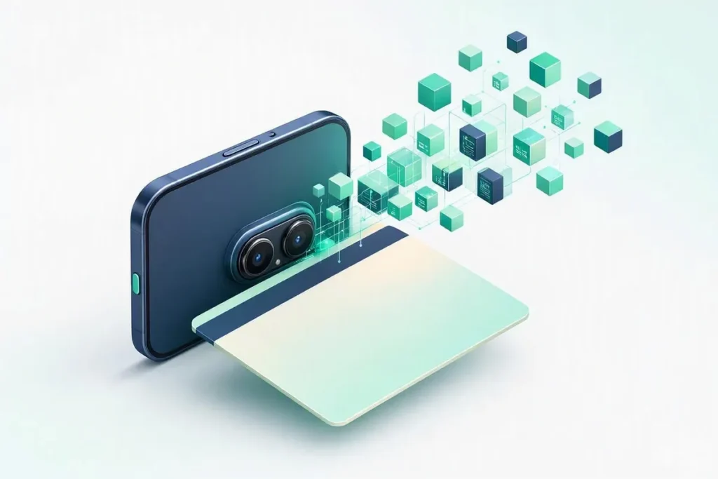 OCR for KYC: a phone camera scanning a card with data blocks flowing out