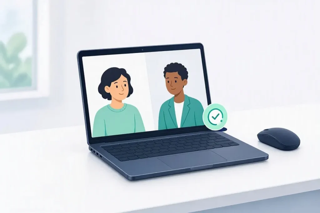 Video KYC: a video call between a customer and a bank official on a laptop, with a liveness check icon
