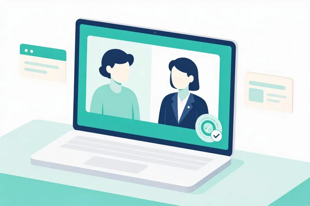 Video KYC: a video call between a customer and a bank official on a laptop, with a liveness check icon