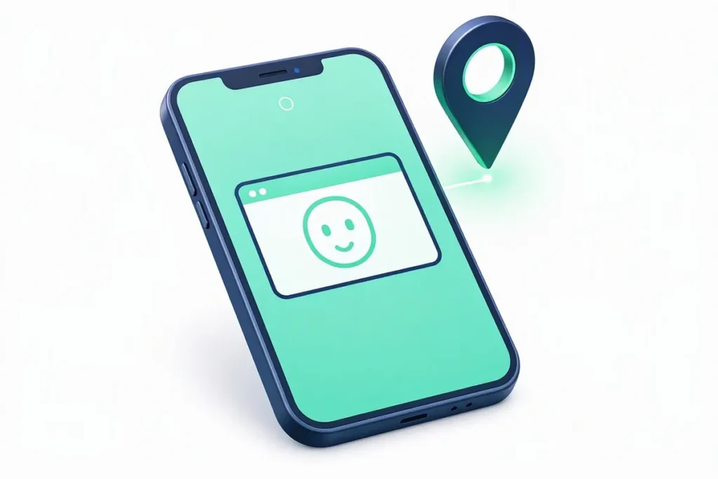 Video KYC: a phone video verification with a face outline and a location pin