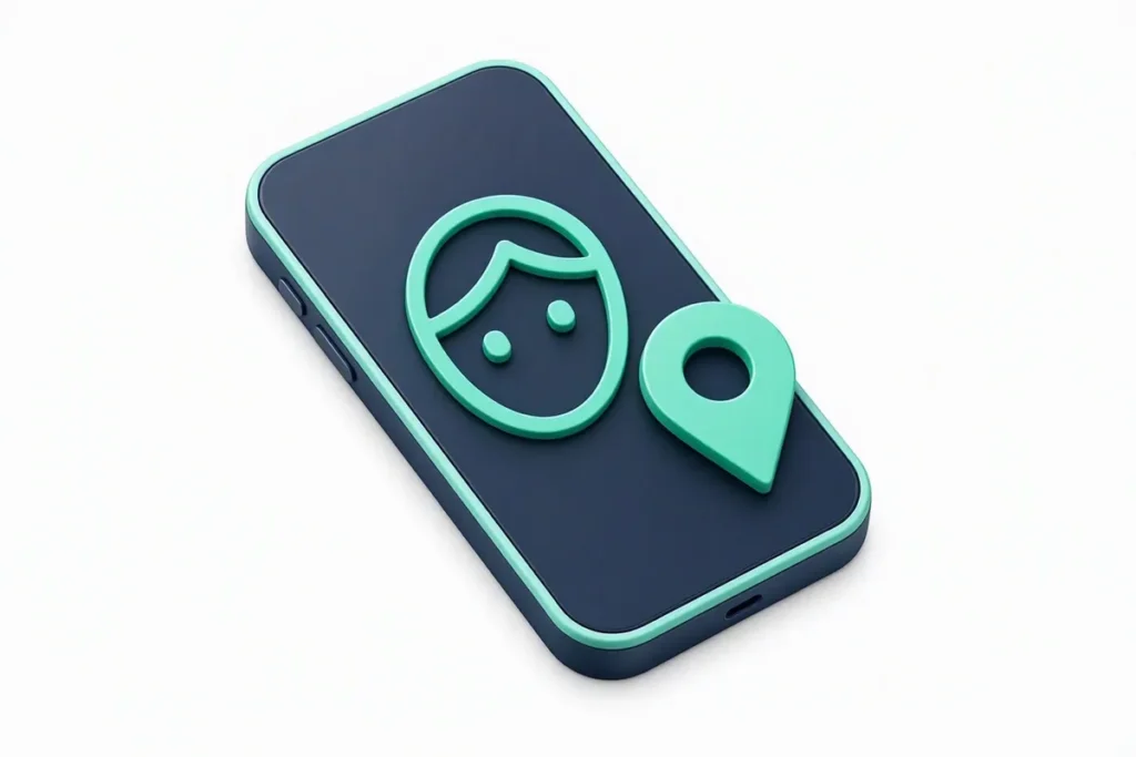 Video KYC: a phone video verification with a face outline and a location pin
