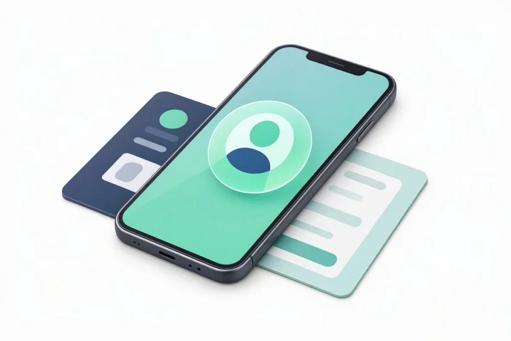 Virtual ID: a phone showing a temporary virtual identity token replacing a masked identity card