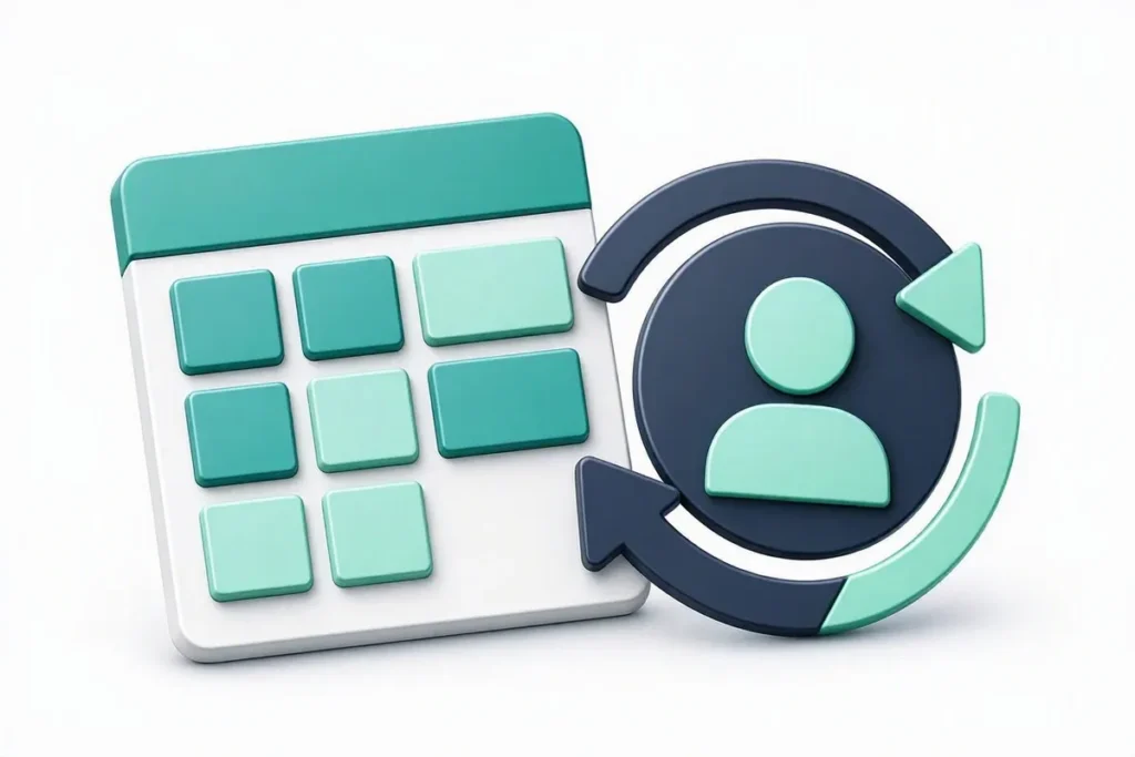 Re-KYC periodic update: a calendar with a refresh cycle arrow around a customer profile