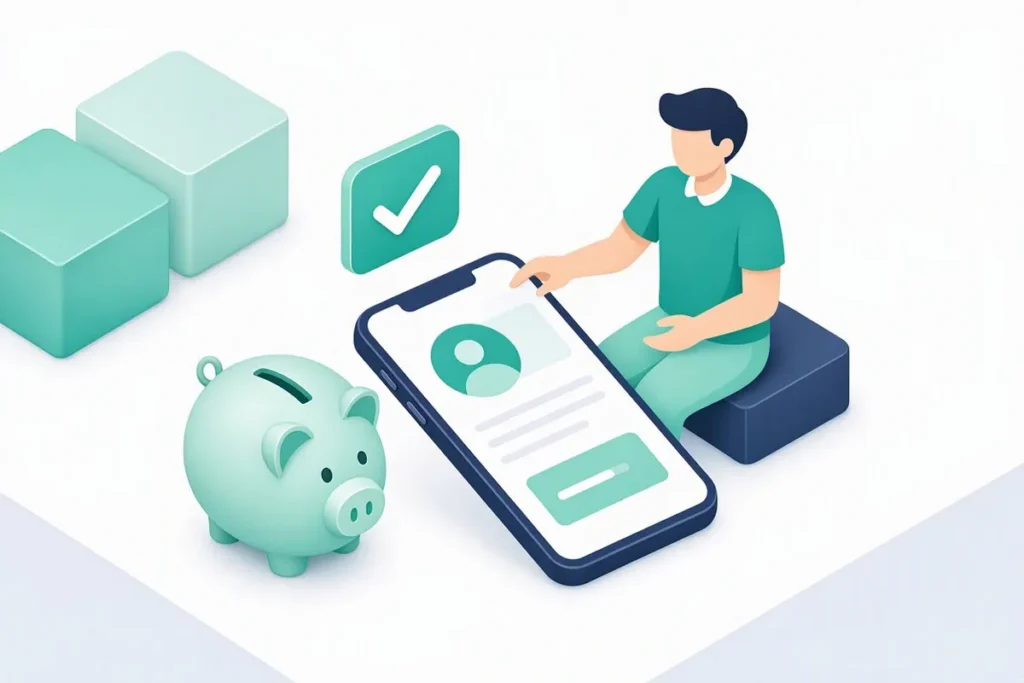 Small Account KYC: a small piggy bank and a simple mobile banking app on a phone, a person opening a basic account with a checkmark