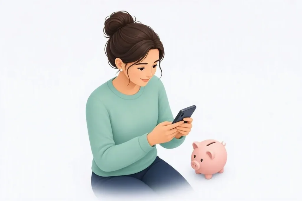 Small Account KYC: a person opening a simple bank account on a phone with a small piggy bank