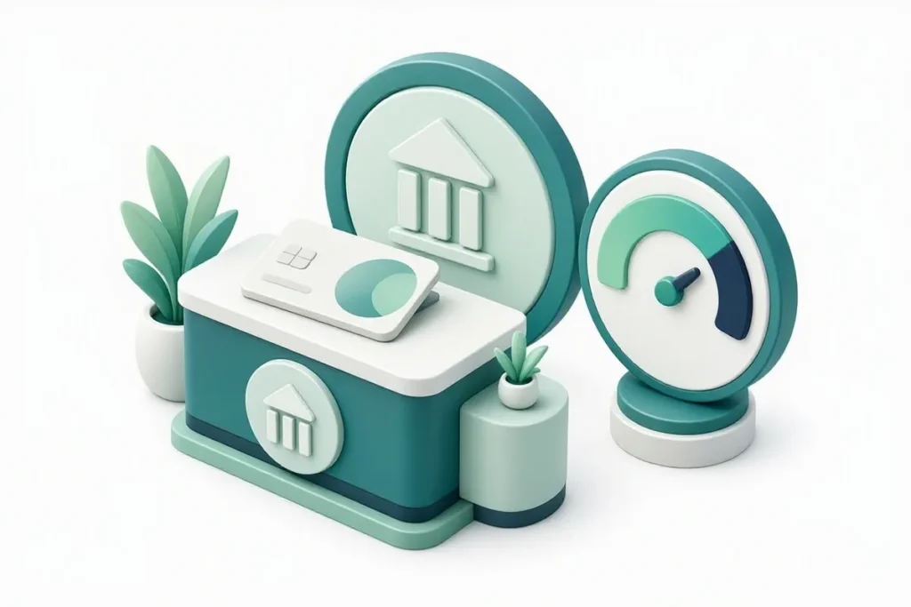 Small Account KYC: a bank counter with a basic account card and a limit gauge