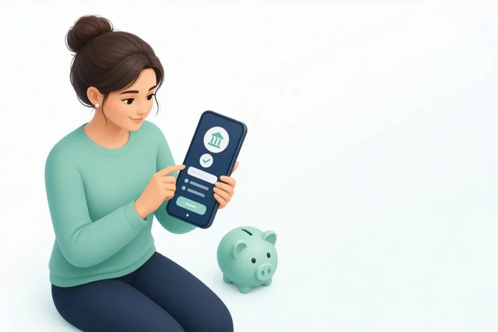 Small Account KYC: a person opening a simple bank account on a phone with a small piggy bank