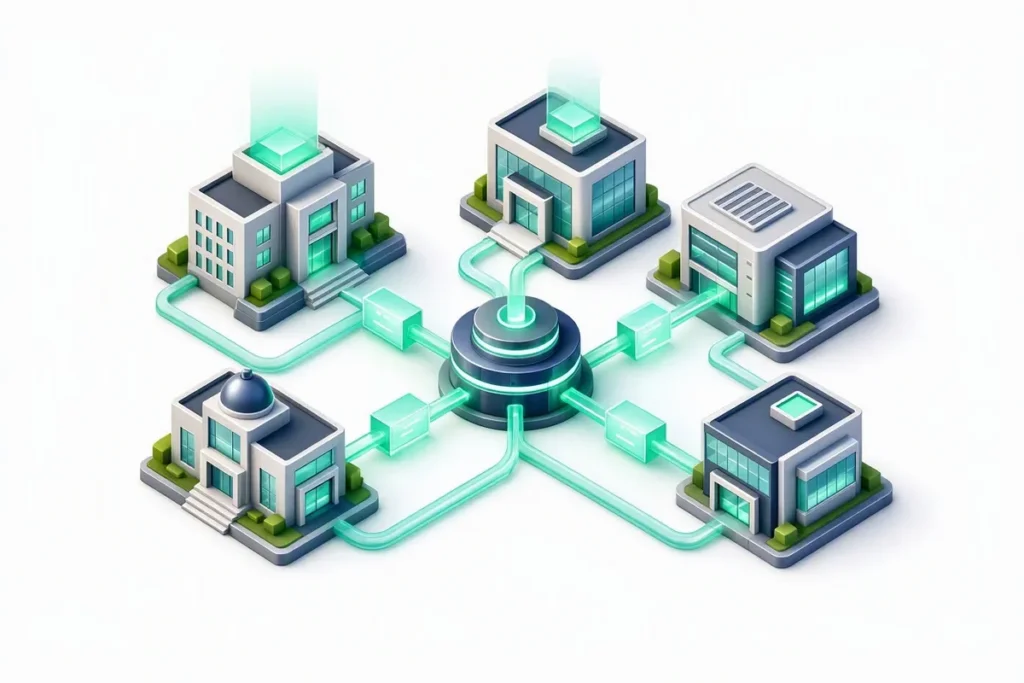 CERSAI: several institution buildings uploading records to a central hub