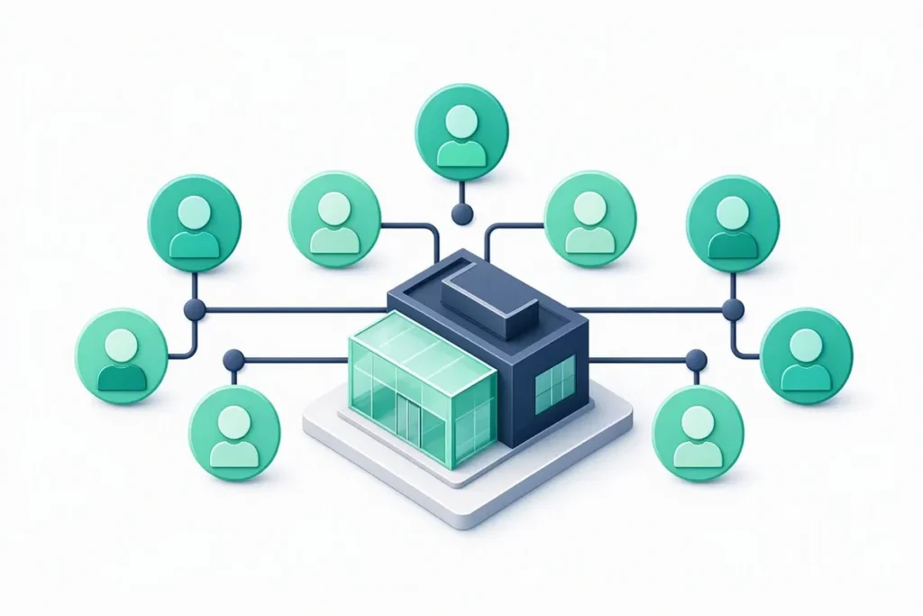 Beneficial Ownership: a company building with an ownership tree of person profiles