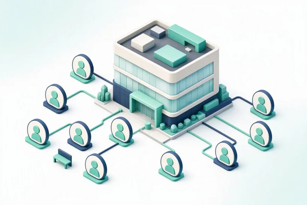Beneficial Ownership: a company building with an ownership tree of person profiles
