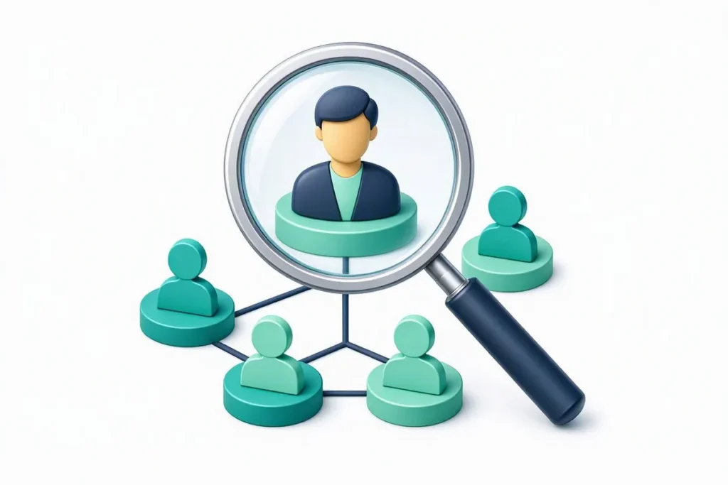 Beneficial Ownership: a magnifying glass revealing the person at the top of an ownership chain