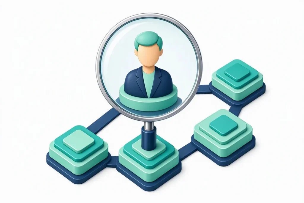 Beneficial Ownership: a magnifying glass revealing the person at the top of an ownership chain