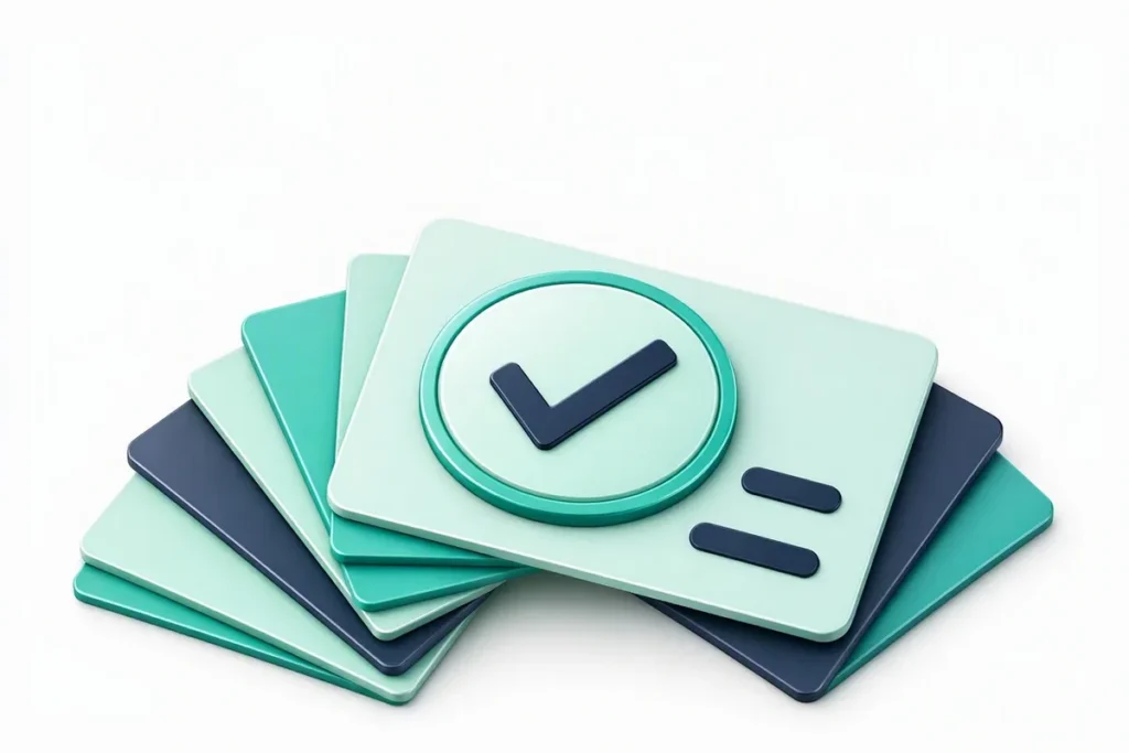 OVD: a fan of abstract identity documents and cards with a large checkmark seal