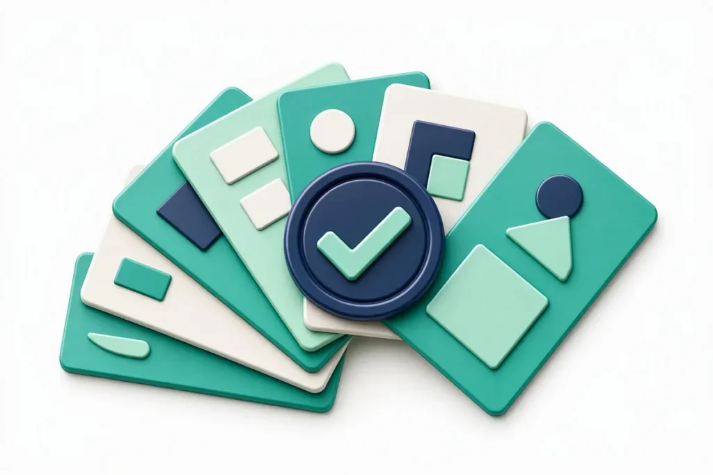 OVD: a fan of abstract identity documents and cards with a large checkmark seal