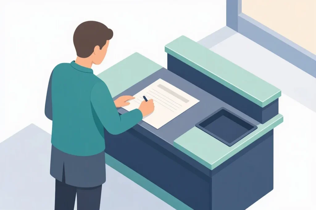 Form 60 PAN declaration: a person filling a simple declaration form at a bank counter, with a blank form