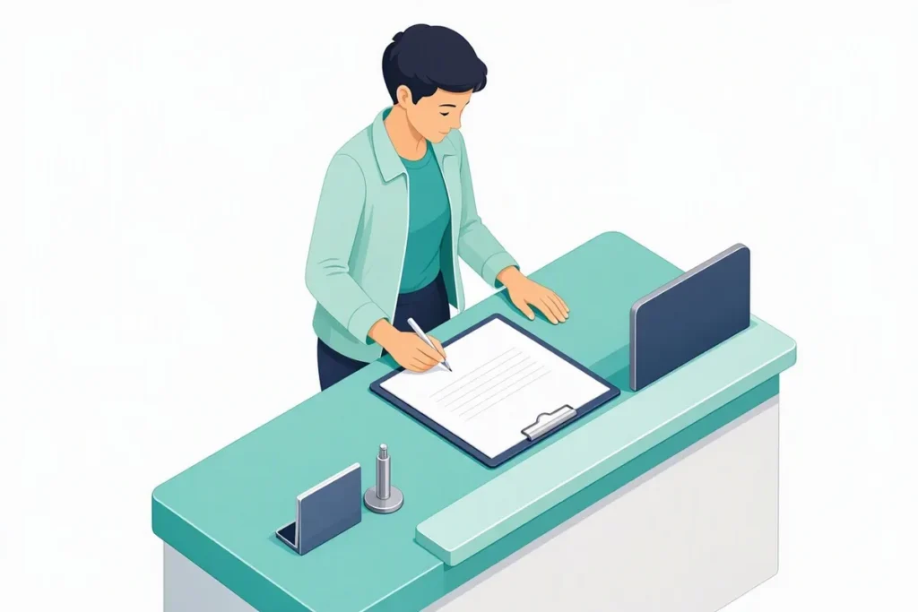 Form 60 PAN declaration: a person filling a simple declaration form at a bank counter, with a blank form