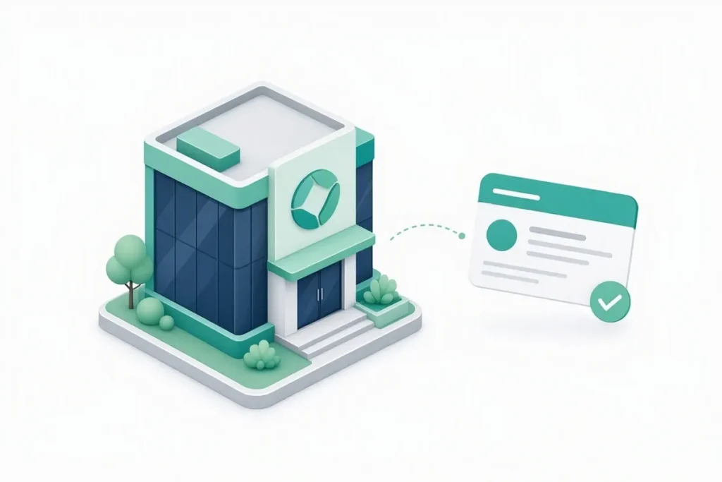 GSTIN: a supplier building linked to a tax registration card with a checkmark