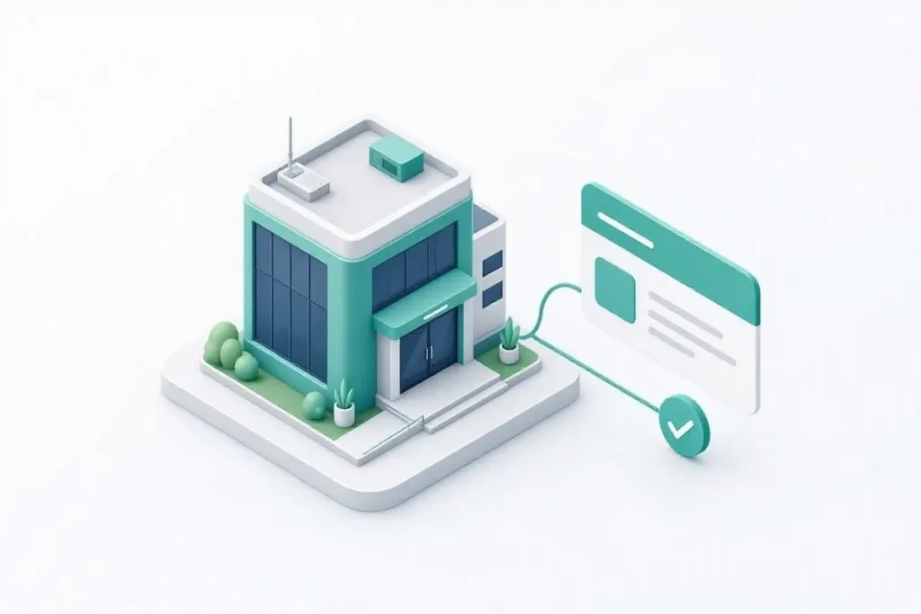GSTIN: a supplier building linked to a tax registration card with a checkmark