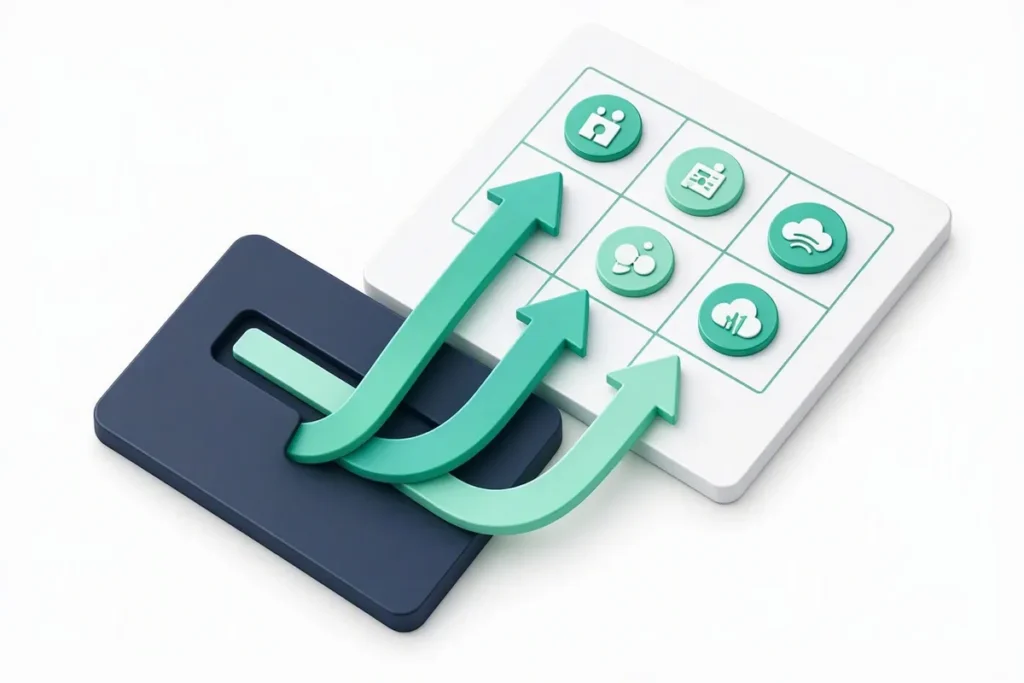 What is NACH: recurring payment arrows from a bank account to several service icons on a calendar