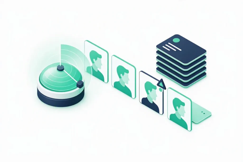 Sanctions Screening: a radar screening a row of person profiles against a stack of watchlist cards, one profile flagged