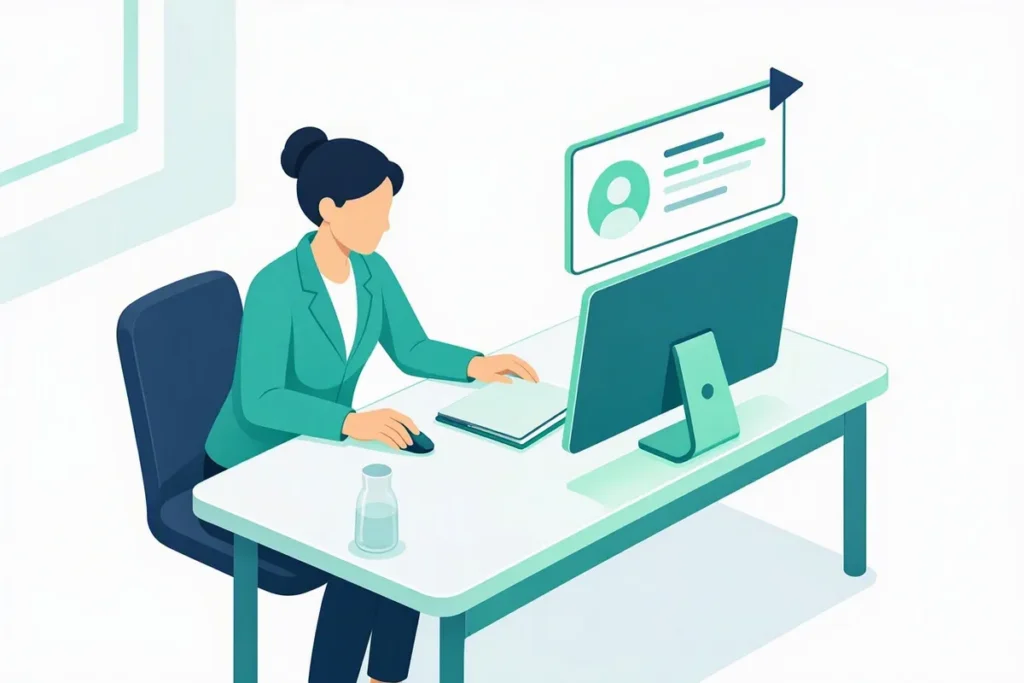 Sanctions Screening: a compliance officer at a desk reviewing a flagged profile on a monitor