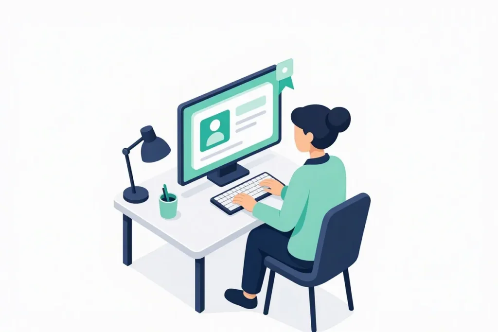 Sanctions Screening: a compliance officer at a desk reviewing a flagged profile on a monitor