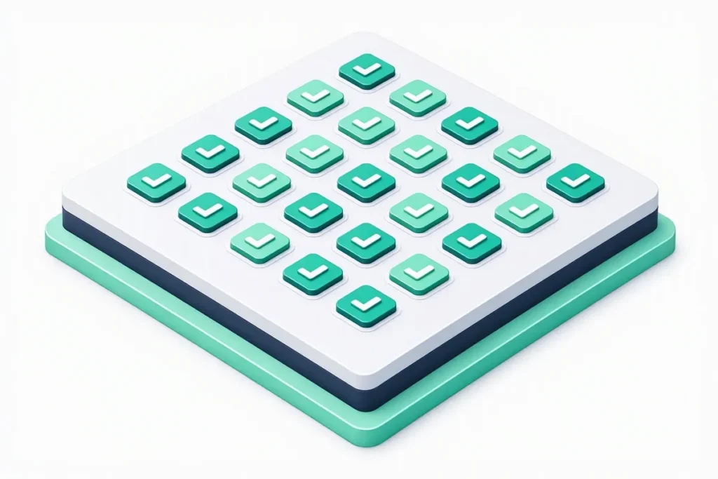 India KYC: a large platform covered in a neat grid of identity verification check icons