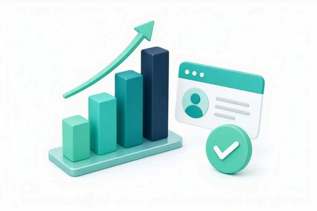 India KYC: rising bar charts beside identity cards and a verification checkmark