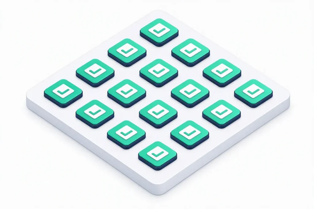 India KYC: a large platform covered in a neat grid of identity verification check icons