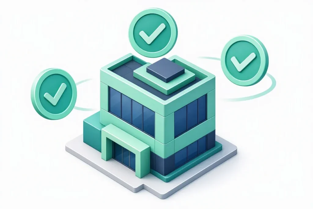 Business Verification APIs in India: a company building with three verification badges orbiting it
