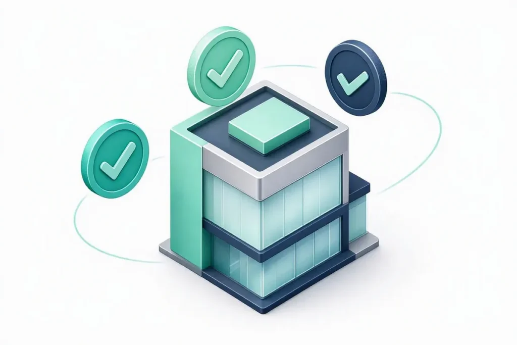 Business Verification APIs in India: a company building with three verification badges orbiting it