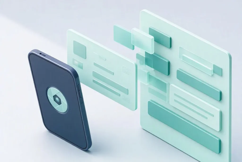 Document OCR APIs in India: a phone camera scanning an abstract identity card, with extracted data blocks flowing into a structured form