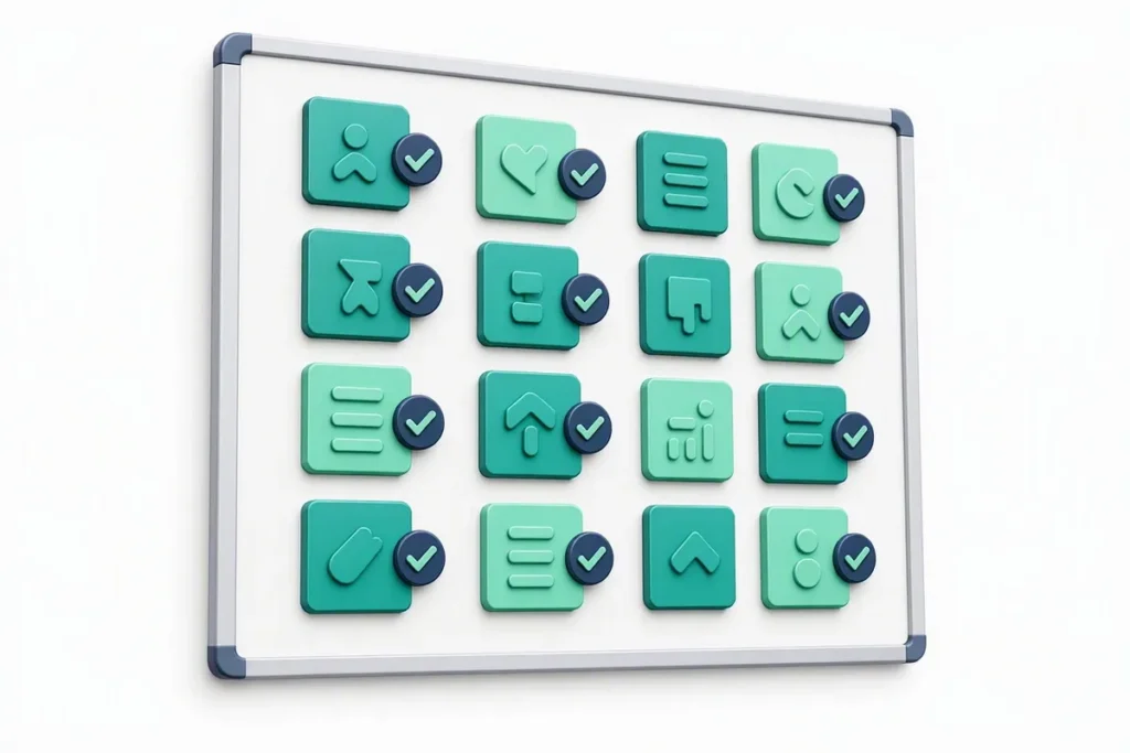 Veriqos vs Digio: a scorecard with two columns of icons and checkmarks on a whiteboard